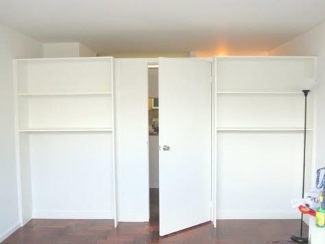 For years, renters have used temporary walls to subdivide apartments into affordable slices for roommates. But due to a fire-safety-related crackdown by the city, many management companies and landlords no longer permit walls that reach the ceiling. Enter the bookshelf wall, like those pictured above. They don't reach the ceiling--typically topping out about a foot below--so they are technically considered furniture. Temporary Walls, Divider Bookcase, Room Divider Headboard, Room Divider Decor, Temporary Room Dividers, Kids Room Bookshelves, Small Room Divider, Closet Ikea, Metal Room Divider