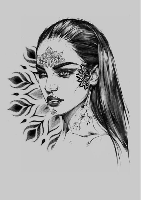 Women Face Tattoo Design, Mandala Face Tattoo, Woman Face Tattoo Design Drawings, Mandala Dotwork Tattoo Design, Face Mandala, Girls Sketch, Mandela Tattoo, Dotwork Mandala, Face Tattoos For Women