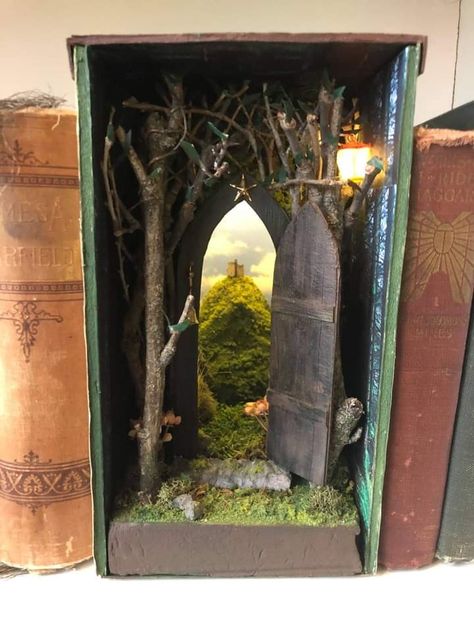 Miniature Forest Scene, Book Nook Diorama Diy, Outlander Book Nook, Fairy Book Nook Diy, Lord Of The Rings Book Nook, Alice In Wonderland Book Nook, Craft Journal Ideas, Diorama Library, Diroma Ideas