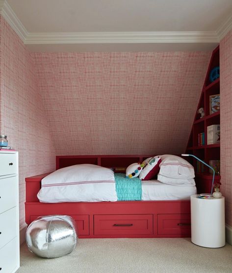 RED BEDROOM IDEAS – Bold and courageous. Red strongly ties to positive traits that often describe brave souls. Those who try this color is considered ... Red Kids Bedroom, Bed Under Sloped Ceiling, Homestead Inspiration, Built In Daybed, Girls Room Colors, Interior Balcony, Next Bedroom, Red Bedroom, Built In Bed