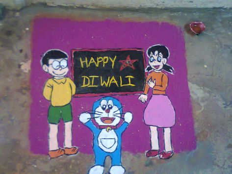 Doraemon cartoon rangoli/ 90s cartoon rangoli Cartoon Rangoli, Cartoons Rangoli Design, Cartoons Rangoli, Doraemon Cartoon, Rangoli Ideas, 90s Cartoon, Happy Diwali, Rangoli Designs, Design Tutorials