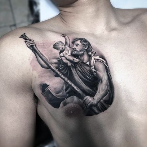 40 St Christopher Tattoo Designs For Men St Joseph Tattoo, St. Jude Tattoo, St Christopher Tattoo, Statue Of Liberty Tattoo, Liberty Tattoo, Grandma Ideas, Tattoo Chest, Virgo Tattoo, Religious Tattoo