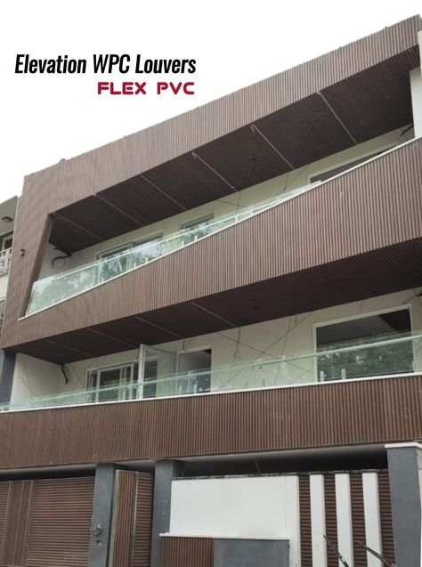 Elevation WPC Louvers Rafters for Exterior & Outdoor use Elevation Louvers Design, Wpc Louvers Exterior Elevation, Exterior Louvers Design, Residential Elevations, Pvc Louvers, Wpc Louvers, Garden Ceiling, Pvc Laminate, House Front Wall Design