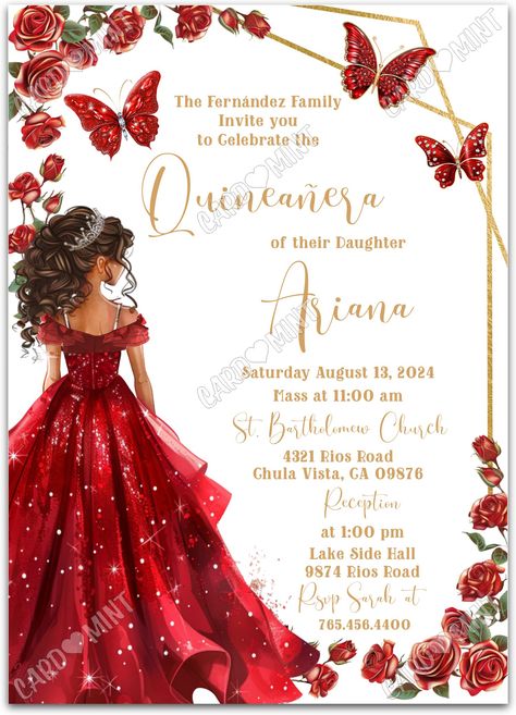 Red 15 Invitations, Quinceanera Red Theme Ideas, Quinceañera Decorations Ideas Red, Red Floral Centerpieces For Party, Red Quinceanera Invitations Ideas, Red And White Sweet 16 Theme, Red Themed Sweet 16, December Quinceanera Themes, Rose Themed Quinceanera