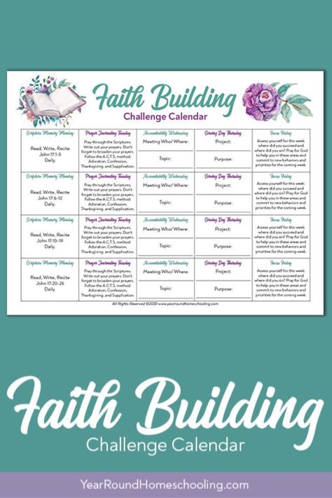 This Faith Building Challenge is filled with simple activities that will help you as you continue on your journey of faith. #FaithBuilding #Faith #HomeschoolMomChallenge #Homeschooling #Homeschool #YearRoundHomeschooling #Printable Elementary Printables, Challenge Calendar, Building Challenge, Mom Challenge, Simple Activities, Bible Challenge, Monthly Challenge, Study Journal, Homeschool Printables