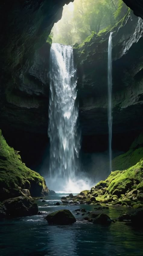 Water Channel Architecture, Upside Down Waterfall, Waterfall Into A Pond, Waterfall Reference Photo, Water Cave Aesthetic, Cave Ecosystem, Cave With Water, Behind Waterfall, Dark Waterfall