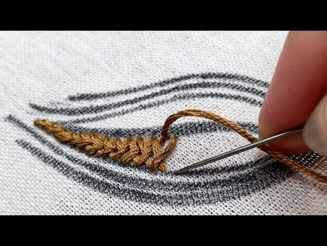 (3) Magical Hands Stitch Beautiful Leaf Embroidery with Herringbone Stitch/ Embroidery for Beginners - YouTube Herringbone Embroidery Stitch, Herringbone Stitch Embroidery Designs Motif, Leaf Filling Stitch Design, Leaves Stitch Embroidery, Herringbone Stitch Embroidery, Fishbone Leaf Stitch, Stump Embroidery, Herringbone Embroidery, Flower Wagon