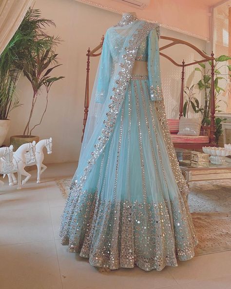 Get Your Dream Mirror Work Lehenga From These Designers! - Wedbook Sky Blue Lehenga, Mirror Work Lehenga, Bridal Lengha, Blue Lehenga, Net Lehenga, Lehenga Choli Online, Indian Wedding Wear, Ghagra Choli, Party Wear Lehenga