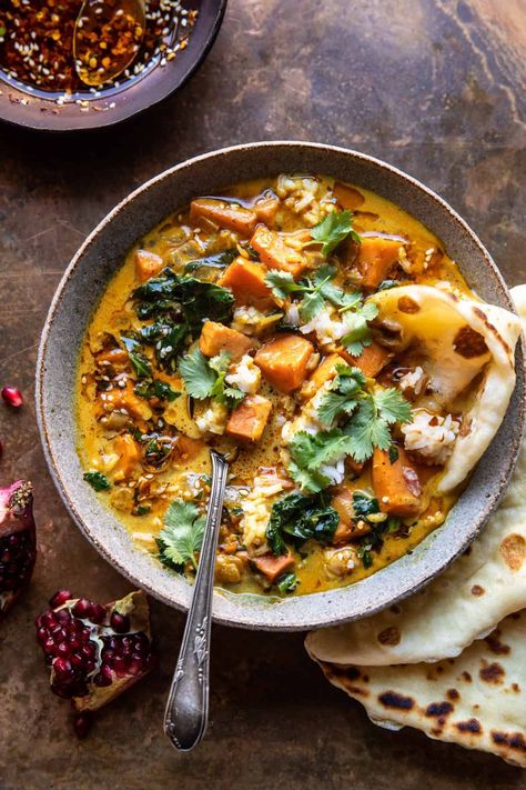 Gingery Coconut Sweet Potato and Rice Stew with Chili Oil...when you’re in need of warming comfort food, but also want healthy AND delicious! Sweet Potato And Rice, Coconut Sweet Potato, Rice Stew, Half Baked Harvest Recipes, Coconut Ginger, Chickpea Stew, Fall Comfort Food, Harvest Recipes, Half Baked