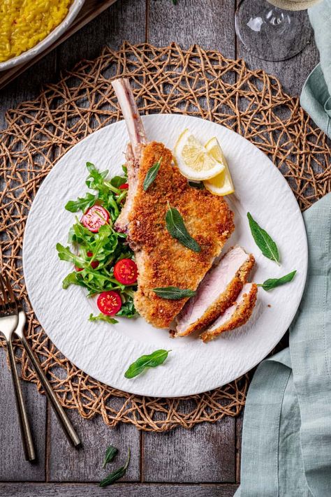 Bone-In Veal Milanese Recipe (Cotoletta alla Milanese) Veal Chops, Veal Milanese, Veal Saltimbocca, Milanese Recipe, Leek Risotto, Veal Cutlet, Cherry Tomato Sauce, Classic Italian Dishes, Risotto Recipes