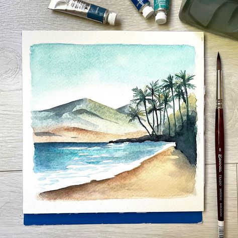 Hawaii Watercolor Paintings Easy, Watercolor Hawaii, Watercolor Art Projects, Hawaii Water, Island Watercolor, Watercolour Beach, Hawaii Landscape, Watercolor Hand Lettering, Hawaiian Plants