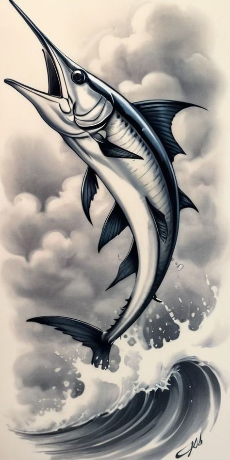 Fishing Tattoo Design, Marlin Tattoo, Fishing Tattoo, Word Tattoo Ideas, Bald Eagle Art, Marlin Fish, Dinosaur Sketch, Lost City Of Atlantis, Animal Tattoo Ideas