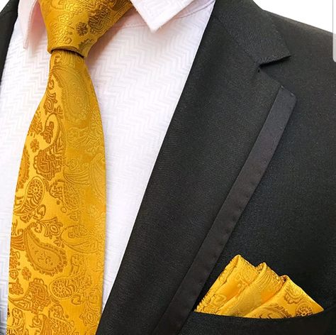 Mustard Yellow Tie and Pocket Square Set - Mens Fashion Golden Yellow Wedding, Square Outfit, Dark Navy Blue Suit, Wedding Groom Suit, Mustard Wedding, Mens Wedding Ties, Paisley Wedding, Pocket Square Pattern, Burnt Orange Weddings