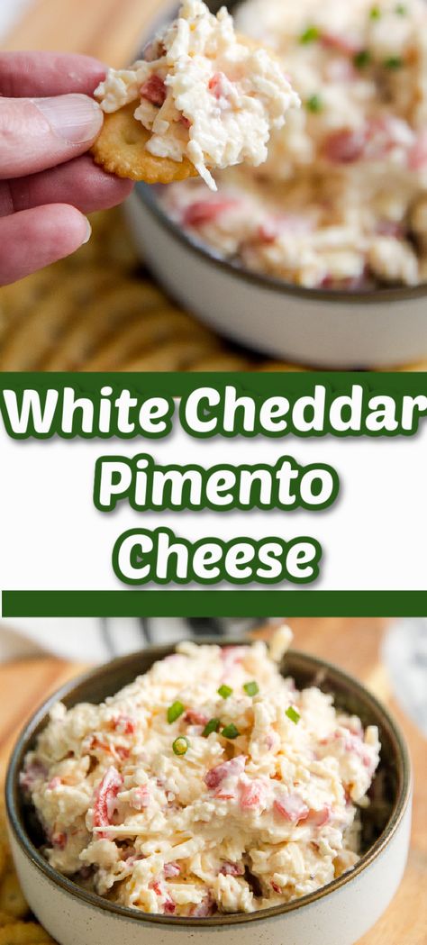 This creamy pimento cheese recipe is easy and never fails at being the favorite appetizer!  White cheddar and bacon add a twist the classic cheese spread! Serve this dip with crackers or veggies at your next gathering! White Cheddar Pimento Cheese Recipe, Creamy Pimento Cheese Recipe, Creamy Pimento Cheese, Dip With Crackers, Pimento Cheese Recipe, Homemade Pimento Cheese, Pimento Cheese Recipes, Lchf Recipes, Pimento Cheese