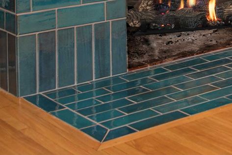 Corner Hearth Fireplace Ceramic Tile Ideas, Modern Fireplace Remodel, Corner Hearth, Fireplace Floor, Hearth Tiles, Tiled Fireplace, Craftsman Fireplace, Mission Tile, Craftsman Tile