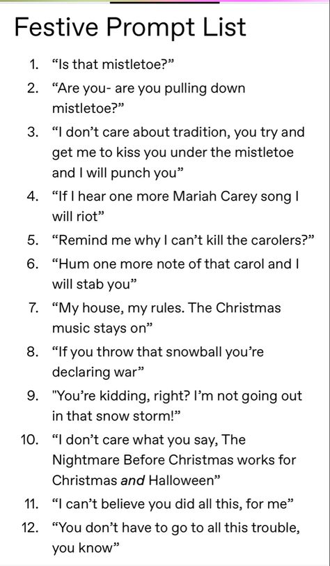 Writing Prompts Christmas, Christmas Story Prompts, Winter Prompts, Christmas Prompts, Fanfic Writing, Character Dialogue, Fanfiction Prompts, Christmas Writing Prompts, Writing Prompts Romance