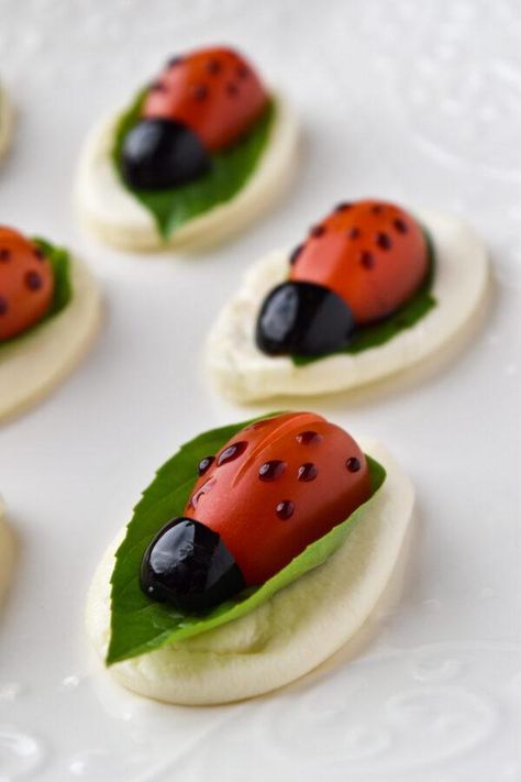 Ladybug Caprese Appetizer - Forking Good Food Ladybug Caprese, Ladybug Appetizers, Best Canapes, Tomato Appetizer, Caprese Appetizer, Tomato Appetizers, Enchanted Forest Birthday, Balsamic Vinaigrette Dressing, Forest Birthday