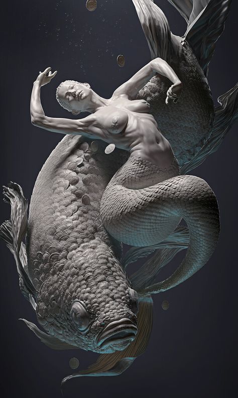 Mermaid Artwork Fantasy, Fish Fin, Mermaid Sculpture, Mermaid Statues, Water Drawing, Fairy Artwork, Marvelous Designer, Creepy Art, Mermaid Scales