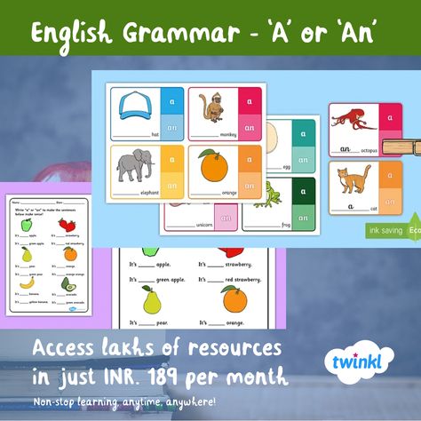 Games can be a great way for students to practise their learning and develop their skills even further. Use these fun matching clip cards to help your EFL/ESL students (young learners) identify the grammar rules about using the indefinite article ‘a' or 'an’ with singular countable nouns in your class. Countable Nouns, Class Games, Literacy Lessons, Grammar Rules, Kids Class, Free Teaching Resources, Clip Cards, Early Years, Phonics