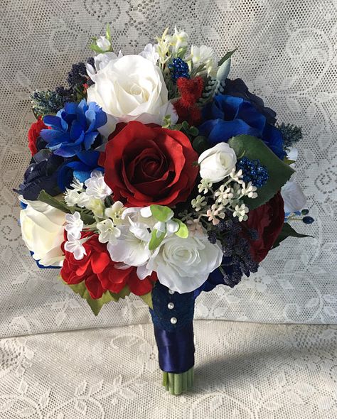 A stunning addition to make your special day one to remember. This beautiful silk bouquet not only looks fresh and realistic but will be a keepsake for a lifetime without the worries of wilting fresh flowers. This gorgeous bouquet was handmade in shades of navy and royal blue, burgundy, Marines Wedding, Beach Wedding Reception Decor, Diy Wedding Bouquet Fake Flowers, Red White Blue Wedding, White Blue Wedding, Navy Wedding Bouquet, Americana Wedding, Blue Red Wedding, Wedding Reception Decor Ideas