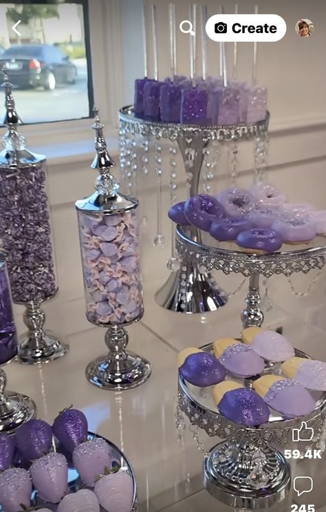 15 Birthday Ideas Decorations Purple, Lavender Themed Sweet 16, Purple Party Ideas Decorations, Sweet 16 Party Ideas Lavender, Lavender And Gold Sweet 16, Sweet 16 Lavender Theme, Purple Quince Decor, Purple Dessert Table Ideas, Quinceanera Dessert Table Ideas