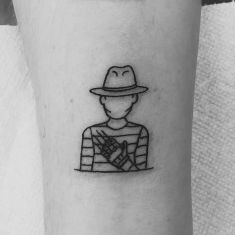 Freddy Krueger minimal line horror tattoo. Design by Sofia Ayuso Horror Small Tattoo, Small Simple Horror Tattoos, Freddy Krueger Tattoo Ideas, Horror Line Tattoo, Freddy Tattoo, Small Freddy Krueger Tattoo, Easy Horror Tattoos, Minimal Horror Tattoo, Freddy Krueger Tattoo Stencil