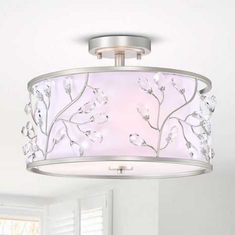 Lala Crystal Semi Flush Mount Ceiling Light Satin Silver Finish 3-Light - N/A - Bed Bath & Beyond - 35296215 Semi Flush Ceiling Lights, Contemporary Chandelier, Glass Diffuser, Flush Ceiling Lights, Lighting Store, Semi Flush Mount, Metal Lighting, Flush Mount Lighting, Drum Shade