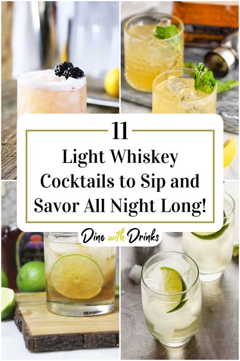 Collage of 4 light whiskey cocktails. White Whiskey Cocktails, Refreshing Whiskey Cocktails, Whiskey Signature Drink Wedding, Signature Cocktails, Drinks With Honey Whiskey, Whisky Drinks Whiskey Cocktails, Fruity Whiskey Cocktails, Spring Wedding Cocktails, Basic Cocktail Recipes