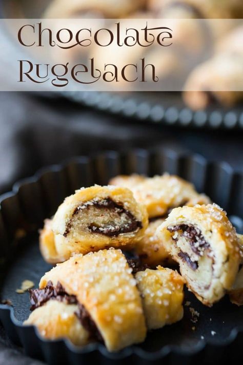 Chocolate Rugelach Recipe, Jewish Desserts, Chocolate Rugelach, Rugelach Cookies, Rugelach Recipe, Cream Cheese Pastry, Jewish Holiday Recipes, Cheese Pastry, Chocolate Recipe