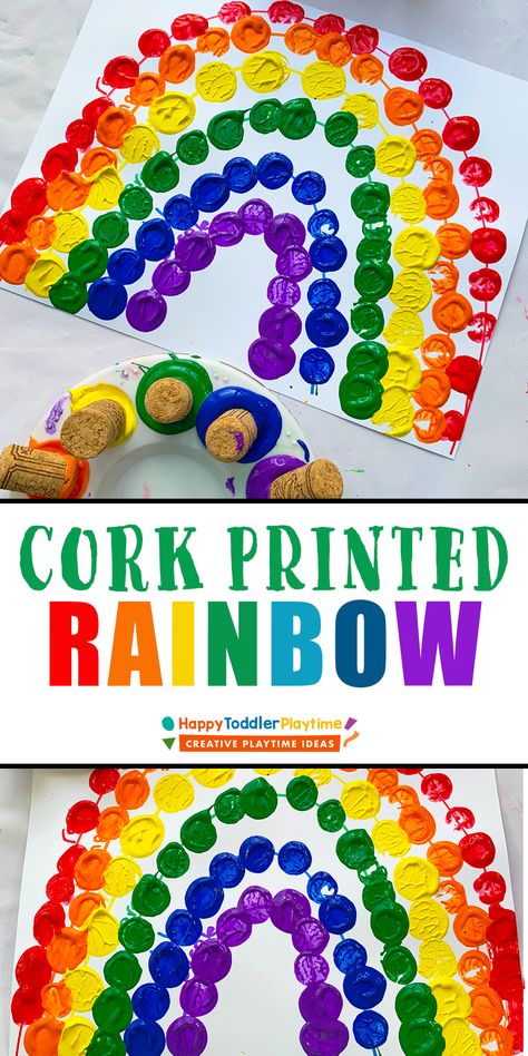 Easy Cork Printed Rainbow Craft - HAPPY TODDLER PLAYTIME Prek Crafts Easy Spring, Rainbow Painting Preschool, Rainbow Easy Craft, Prek Rainbow Crafts, Preschool Crafts Colors, Rainbow Crafts For One Year Olds, Rainbow Preschool Activities Free Printables, Prek Rainbow Activities, Rainbow Activities Preschool Printables