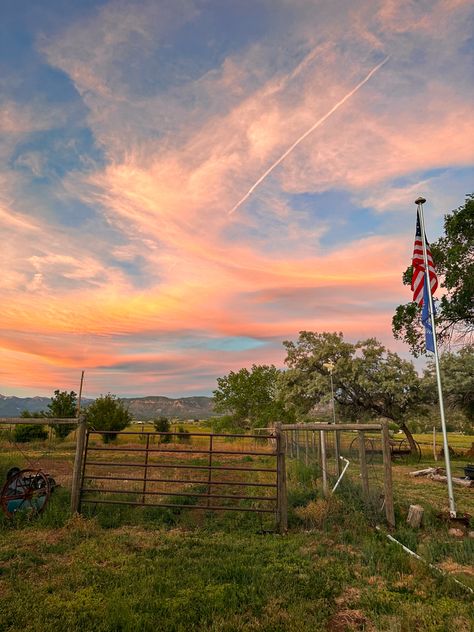 sunset, summer, american, ranch, country, colorado, flags Colorado Cowboy Aesthetic, Ranch In Colorado, Ranch Sunset, Colorado State Flag, Colorado Ranch, Colorado Flag, Sunset Summer, Colorado, Flag