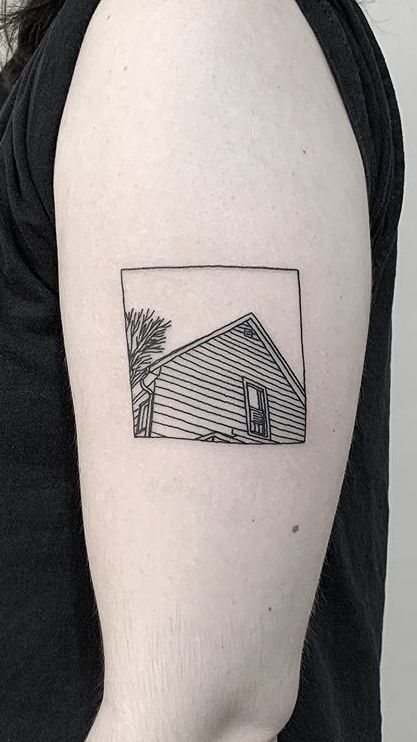 Anime Strip Tattoo, Tattoos Of Houses, Back Of Next Tattoo, Fine Line Tattoo Unique, Patchwork Tattoo Ideas Thigh, Tattoo In A Square, Telephone Line Tattoo, Tattoo Of House, Photography Inspired Tattoos