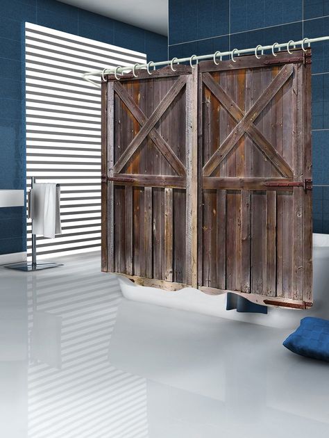 DressLily.com: Photo Gallery - Wooden Door Print Shower Curtain Western Shower Curtain, Wooden Barn Doors, Solid Color Shower Curtain, Waffle Weave Shower Curtain, Barn Door Designs, Waterproof Bathroom, Wooden Garage, Decor Baie, Bathroom Shower Curtain