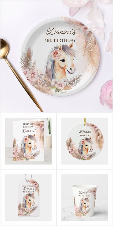 Horse With Flowers, Horse Themed Party, Pastel Beige, Pony Birthday Party, Horse Party, Pony Birthday, Horse Pony, Cowgirl Party, Horse Equestrian