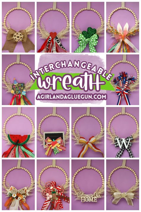 Why have 12 different wreaths when you can have 1 DIY interchangeable wreath? Head to @hobbylobby and grab all the supplies to make the coolest new wreath for your front porch! #HobbyLobby, #HobbyLobbyFinds, #ad Wreath With Changeable Seasons, Interchangeable Wreath Seasons, Interchangeable Wreath, Enchanted Library, Crochet Ornament Patterns, Crochet Wreath, Easy Diy Wreaths, Lamp Diy, Wreath Project