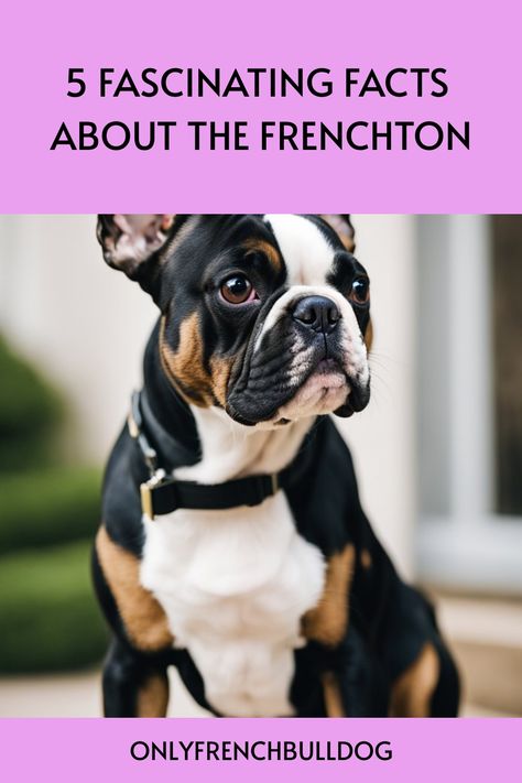 A Frenchton dog wearing a black coat looks to the side with text overlay "5 Fascinating Facts About The Frenchton - ONLYFRENCHBULLDOG". French Bulldog Boston Terrier, Frenchton Puppies, Frenchton Dogs, Blue Boston Terrier Puppy, French Bulldog Breeding, Frenchton Full Grown, Frenchton Dog, French Bulldog Allergies, Blue French Bulldog Full Grown