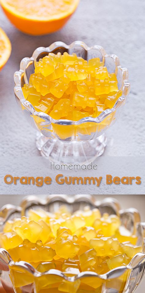 Homemade Orange Gummy Bears | Beets Orange Juice Gummies, Orange Gummy Bears, Orange Gummies Homemade, Jello Gummy Bears, Orange Gummies, Immunity Gummies, Paleo Candy, Homemade Gummy Bears, Healthy Gummies