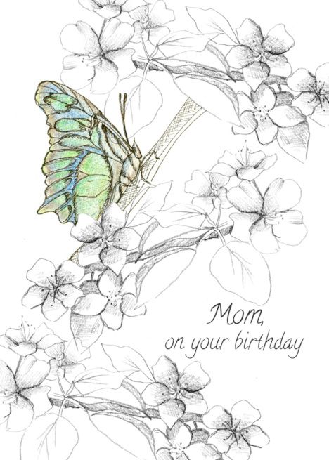 Happy Birthday Mom Butterfly Blooming Tree Pencil Drawing card Tree Pencil Drawing, Happy Birthday Drawings, Mom Drawing, Tree Sketch, Card Sketch, Tree Sketches, Blooming Trees, Birthday Mom, Fruit Tree