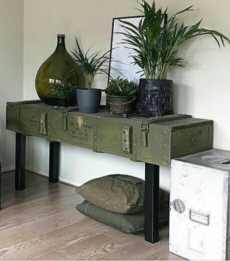 Military Bedroom, Cheap Basement Remodel, Army Decor, Contemporary Console, Military Decor, Console Table Design, Contemporary Console Table, Industrial Style Decor, Decoration Inspiration