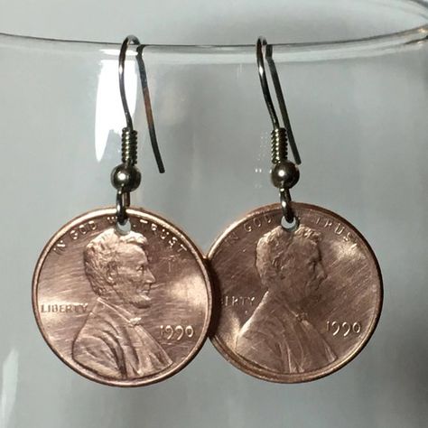 Coin Jewelry Diy, Penny Earrings, Coin Toss, 32nd Birthday, Jewelry Making Business, 32 Birthday, 29th Birthday, Earring Wire, Surgical Steel Earrings