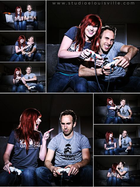 Meredith and Joe's engagement session included a few cartwheels, video games, movie memorabilia, and pets... but no explosions. (Or, at least, none that were our fault.) Check out their video game set... Gamer Proposal Ideas, Video Game Engagement Photos, Gaming Engagement Photos, Video Game Photoshoot, Funny Couple Shoot, Nerdy Engagement Photos, Gamer Couple, Funny Engagement Photos, Gamer Wedding