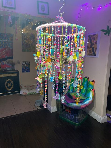 A Handmade Beaded Mobile. Made with Mushroom, Sparkly Longhorn, Bambi, Translucent- Buddha, Elephant, Monkey, and Dinosaur Charms.  Longest Strand is 19" Hoop Diameter is 12" DM if more info is needed :) Tribead Crafts, Bead Diy Crafts, Colorful Boho Room, Kidcore Bedroom, Crafts With Beads, Whimsical Room Decor, Ideas With Beads, Quirky Crafts, Bead Decorations