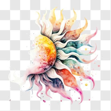 'This image is a watercolor painting depicting the sun with a serene face and colorful clouds surrounding it. It is an inspirational piece that can be used for meditation, yoga, or any other form of spiritual practice. The artwork also provides educational value by exploring the solar system and its impact on the world. Solar System Painting, Inspirational Watercolor, Clouds Png, Colorful Clouds, Sun And Clouds, The Solar System, Meditation Yoga, Spiritual Practices, Solar System