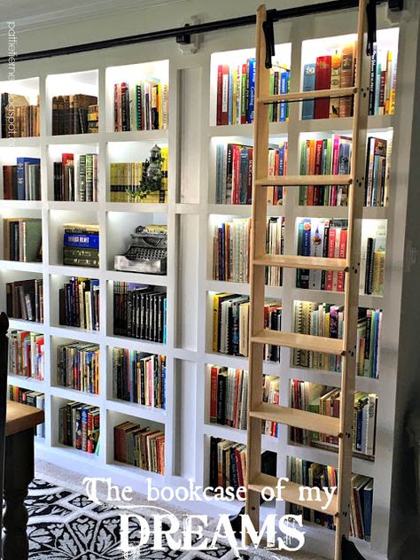 Nerd Shelf, Bookcase With Ladder, Bookcase Ladder, Living Room Bookshelf, Dining Room Library, Floor To Ceiling Bookshelves, Ladder Ideas, Wide Bookcase, Kitchen Ladder