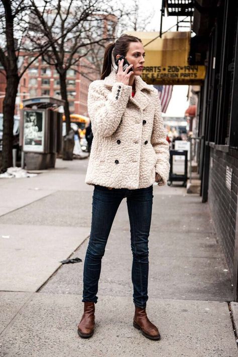 Shop this look on Lookastic:  http://lookastic.com/women/looks/beige-fur-jacket-navy-skinny-jeans-dark-brown-leather-chelsea-boots/6859  — Beige Fur Jacket  — Navy Skinny Jeans  — Dark Brown Leather Chelsea Boots Brown Chelsea Boots Outfit, Chelsea Boot Outfits Women, Dark Brown Chelsea Boots, Brown Leather Chelsea Boots, Chelsea Boots Outfit, Jeans Street Style, Brown Chelsea Boots, Boating Outfit, Chelsea Boots Women