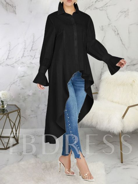 Plain Lapel Long Sleeve Fashion Women's Blouse Shirt Collar Styles, High Low Shirt, Mid Calf Dresses, Fashion Cap, Gathered Sleeves, Mid Dresses, High Low Hem, Colorful Fashion, Bell Sleeve