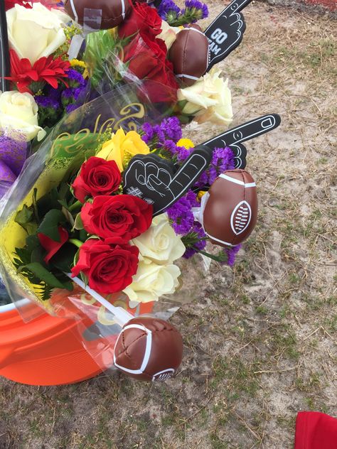 Flag Football Senior Night Flower Bouquet Flowers For Senior Night Soccer, Flowers For Senior Night Volleyball, Senior Night Posters Soccer Boyfriend, Senior Night Gifts Football Boyfriend, Football Bouquet, Senior Night Flowers, Flag Football Senior Night, Football Night, Senior Football