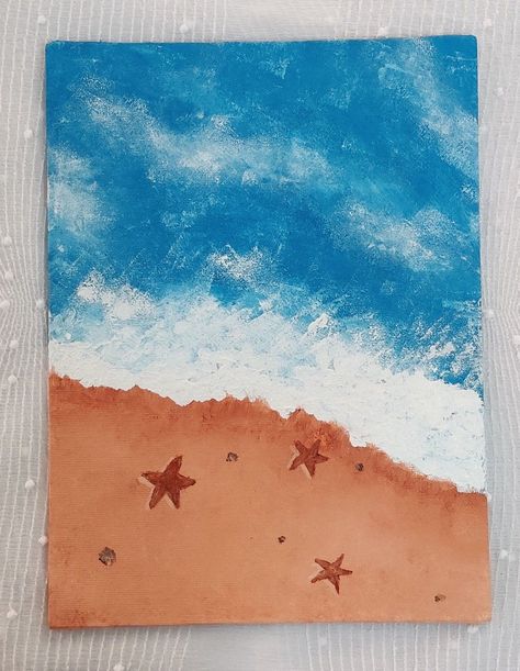 Ocean Simple Painting, Beach Drawing Acrylic, Canvas Painting Ideas Beach Easy, Drawing Beach Easy, Sponge Effect Painting, Beach Simple Painting, Easy Waves Painting, Painting Ideas Ocean Easy, Drawing Beach Ideas