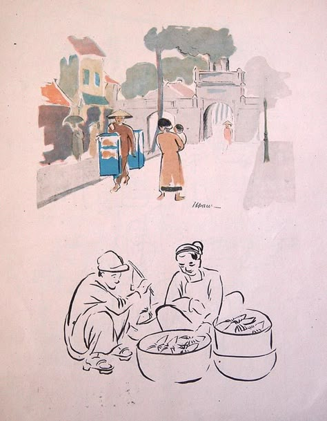 [Photos] An Artist's Sketches Capture the Charm of Indochina's Street Vendors - Urbanist Hanoi Street Vendor Drawing, Hanoi Old Quarter, Sans Art, Street Vendors, Street Vendor, Artist Sketches, History Activities, Pastel Hues, French Artists