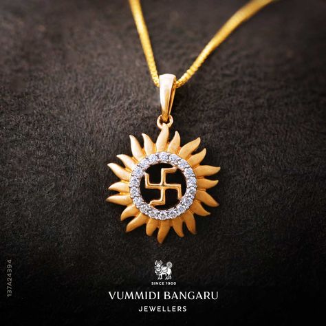 Encapsulating an essence of positivity, this graceful Swastik shaped pendant stands out with captivating diamond stones and matte finished gold. #Vummidibangaru #VBJMoments #Diamonds #Mattgold #Pendant #Jewellery #SouthIndianJewellery Swastik Pendant Designs, Swastik Gold Pendant, Mens Gold Chain With Pendant, Men Lockets Pendants, Lockets For Man, Gold Chain Lockets For Men, Gold Locket Design For Men, Mens Locket For Men Gold, Gold Lockets For Men